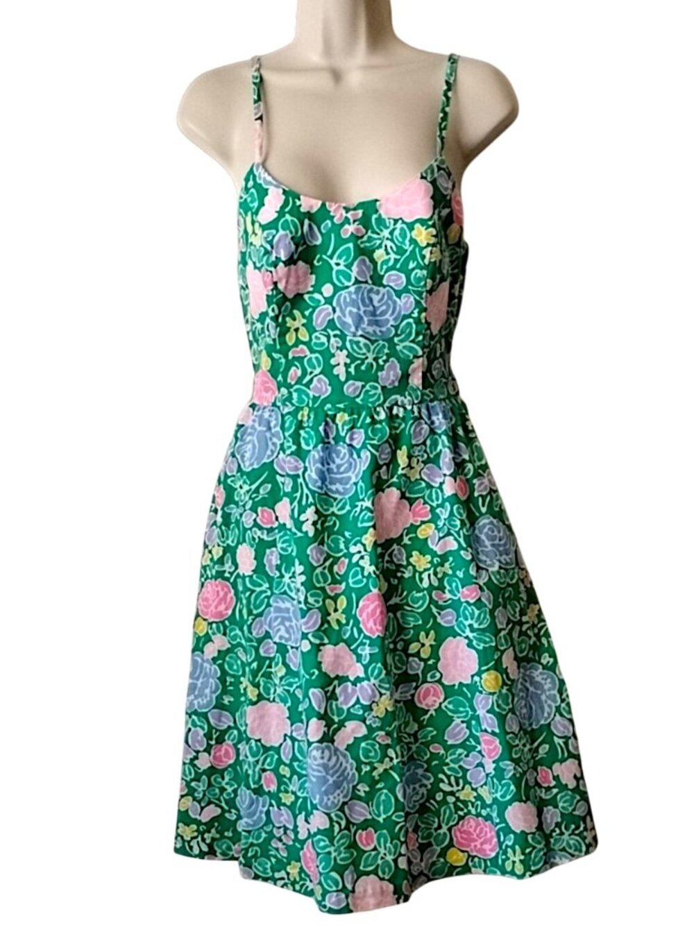 Vintage California Poppy by Lanz Floral Bra Top Smocked Sundress S Green Pink